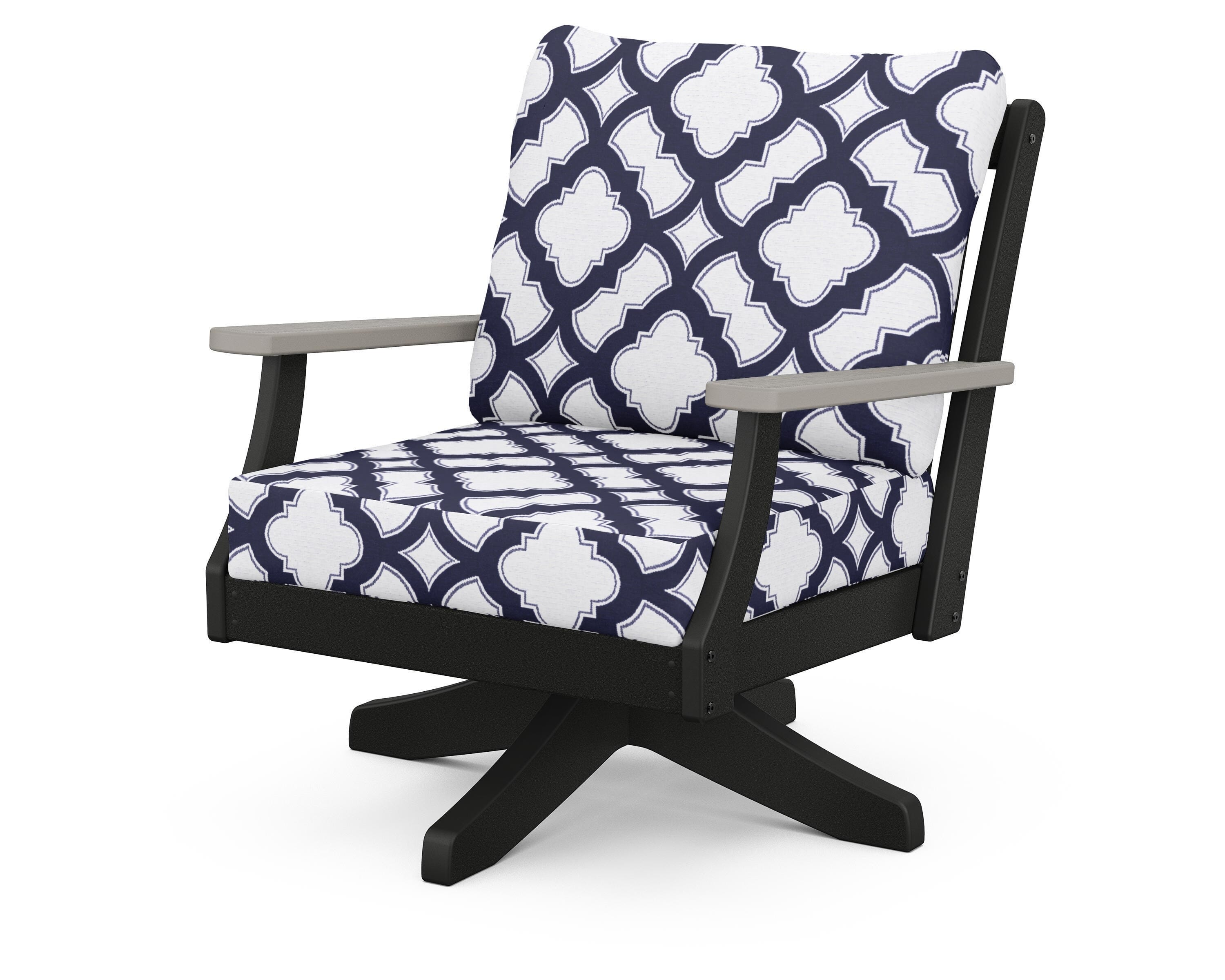POLYWOOD® Braxton Deep Seating Swivel Chair in Black / Driftwood / Trellis Navy