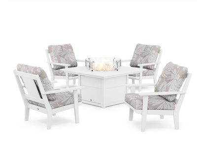POLYWOOD® Prairie 5-Piece Deep Seating Set with Fire Pit Table in White / Leaf Dune Burlap
