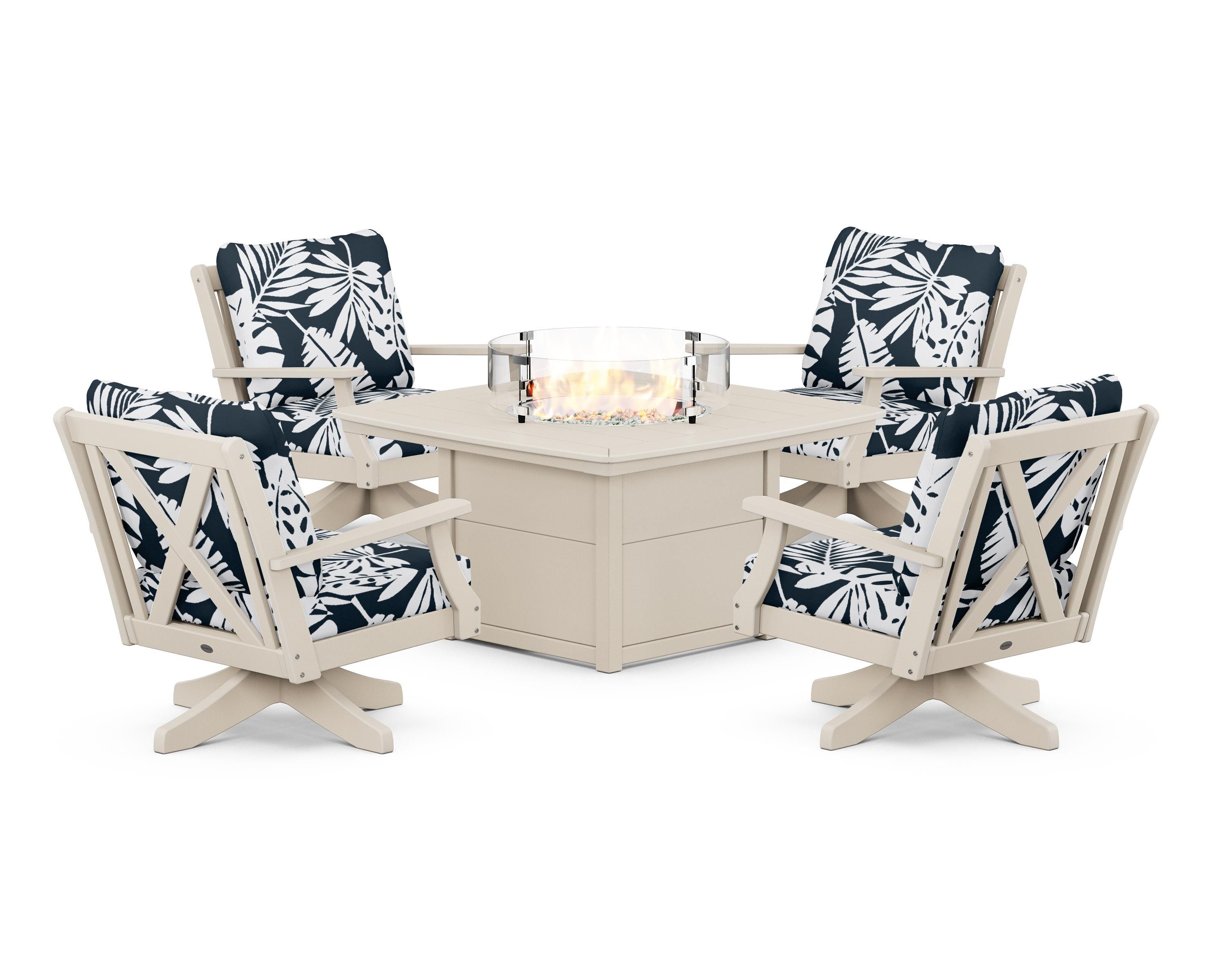 POLYWOOD® Braxton 5-Piece Deep Seating Swivel Conversation Set with Fire Pit Table in Sand / Leaf Marine Indigo