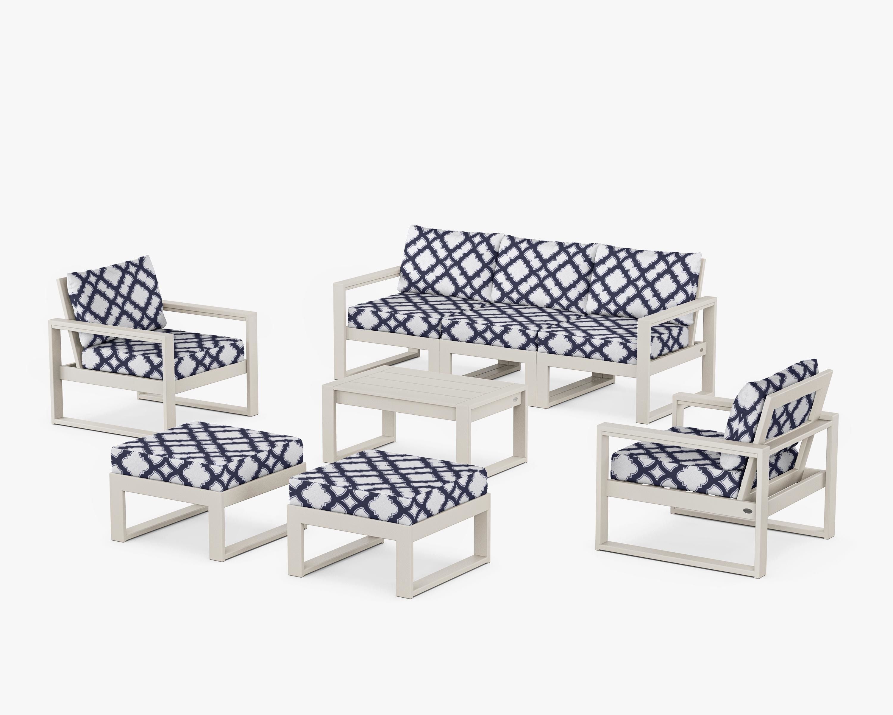 POLYWOOD® EDGE Sectional 8-Piece Lounge Sofa Set in Sand / Trellis Navy