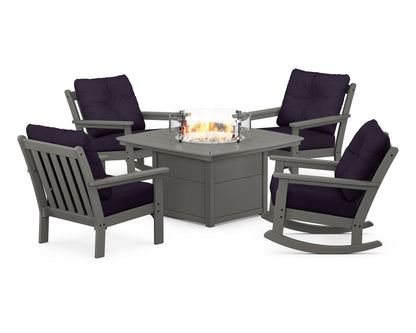 POLYWOOD® Vineyard 5-Piece Deep Seating Rocking Chair Conversation Set with Fire Pit Table in Slate Grey / Navy Linen