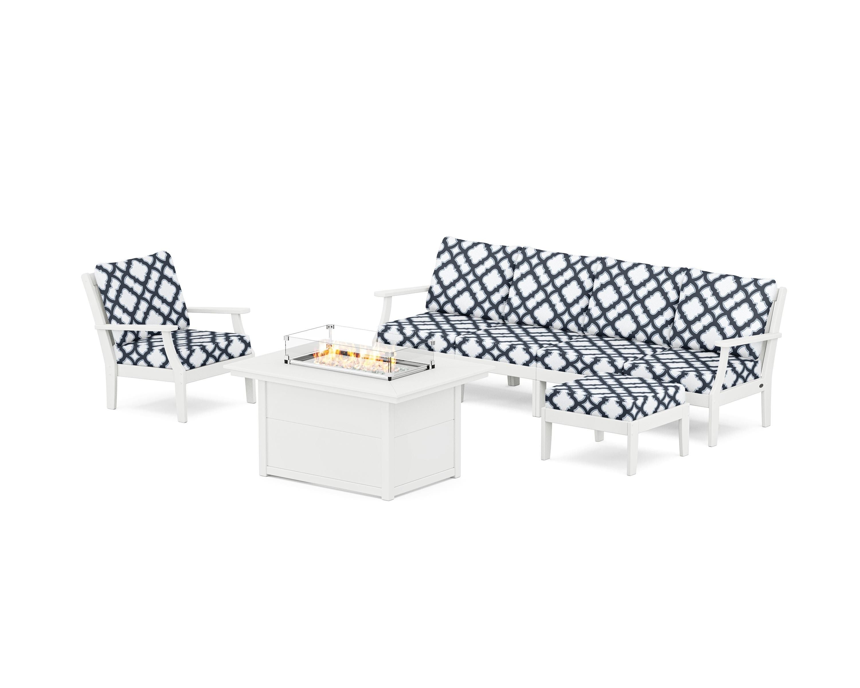 POLYWOOD® Braxton Sectional Lounge and Fire Pit Set in White / Trellis Marine Indigo