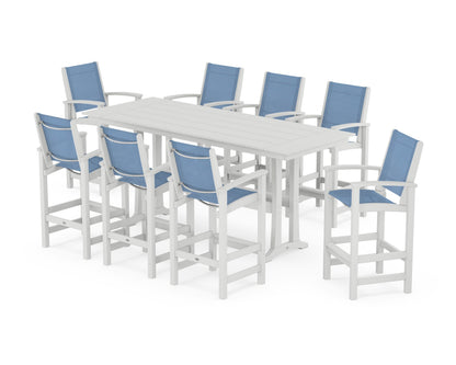 POLYWOOD® Coastal 9-Piece Farmhouse Bar Set with Trestle Legs in White / Poolside Sling