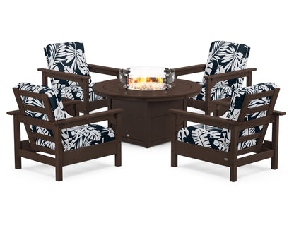 POLYWOOD® Club 5-Piece Conversation Set with Fire Pit Table in Mahogany / Leaf Marine Indigo