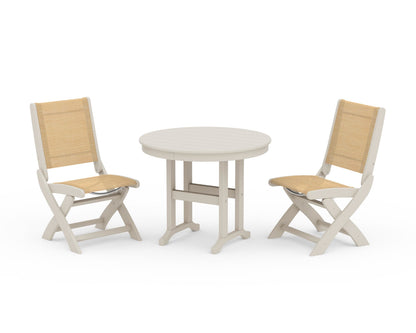 POLYWOOD® Coastal Folding Side Chair 3-Piece Round Dining Set in Sand / Dupioni Apricot Sling