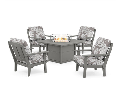 POLYWOOD® Mission 5-Piece Deep Seating Set with Fire Pit Table in Slate Grey / Leaf Grey Mist