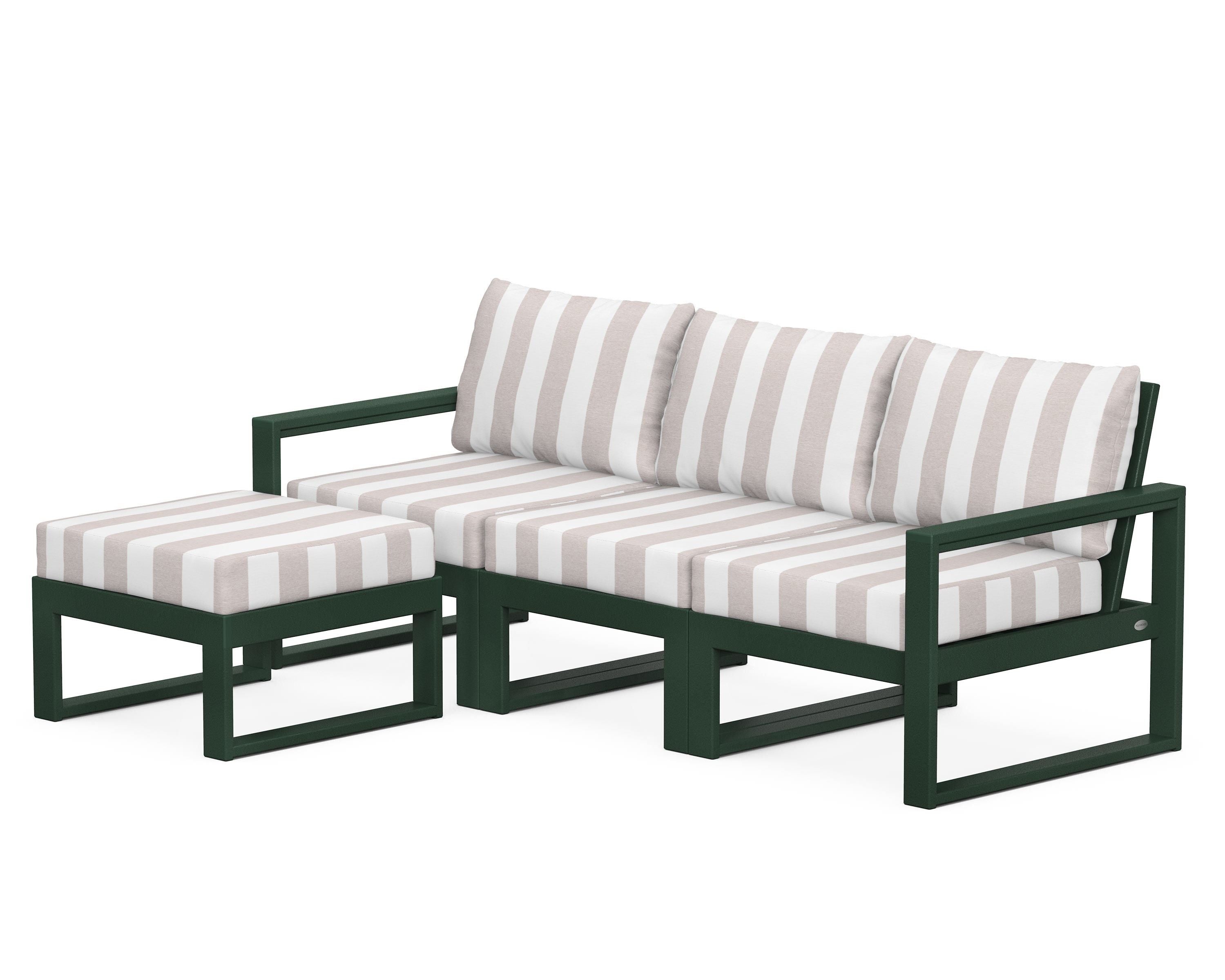 POLYWOOD® EDGE 4-Piece Modular Deep Seating Set with Ottoman in Green / Cabana Stripe Dune Burlap