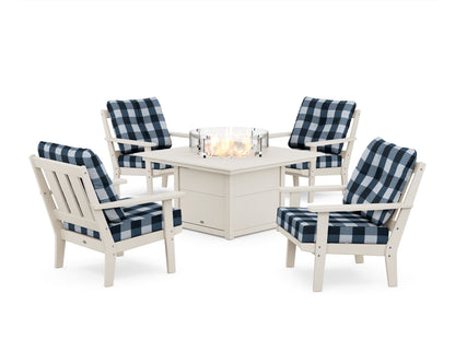 POLYWOOD® Oxford 5-Piece Deep Seating Set with Fire Pit Table in Sand / Buffalo Plaid Marine Indigo