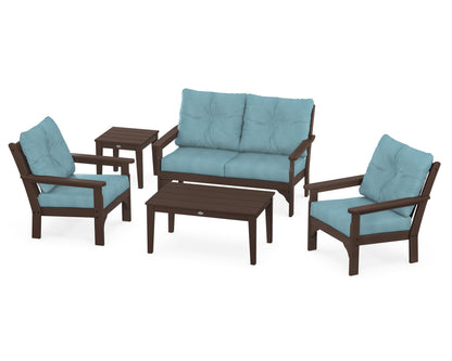 POLYWOOD® Vineyard 5-Piece Deep Seating Set in Mahogany / Lattice Sky Blue