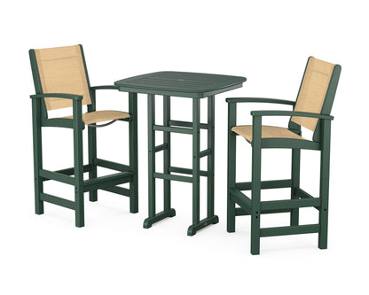 POLYWOOD® Coastal 3-Piece Bar Set in Green / Dupioni Apricot Sling