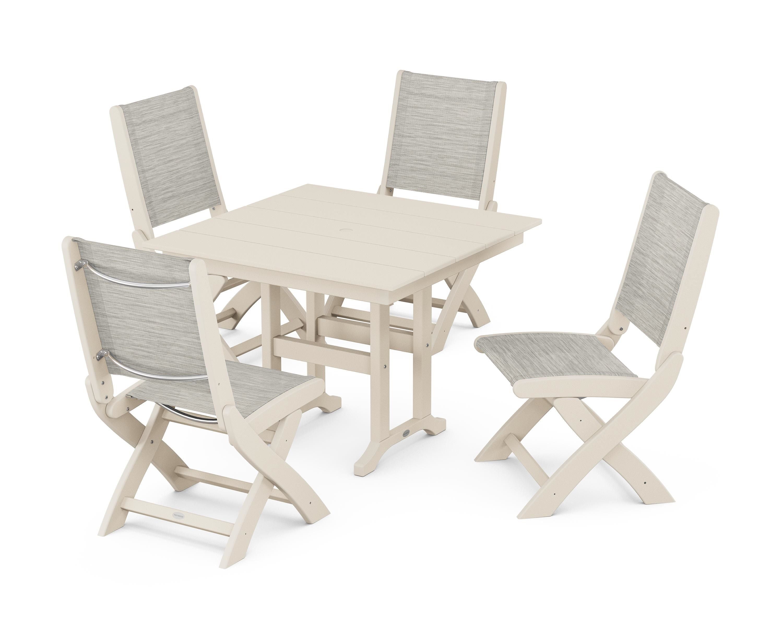 POLYWOOD® Coastal Folding Side Chair 5-Piece Farmhouse Dining Set in Sand / Birch Sling
