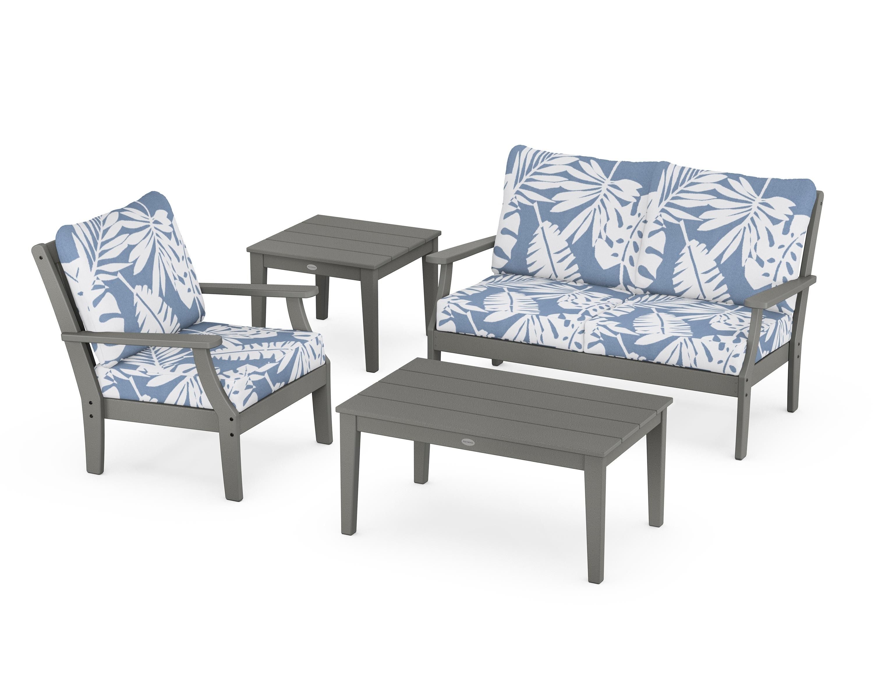 POLYWOOD® Braxton 4-Piece Deep Seating Set in Slate Grey / Leaf Sky Blue