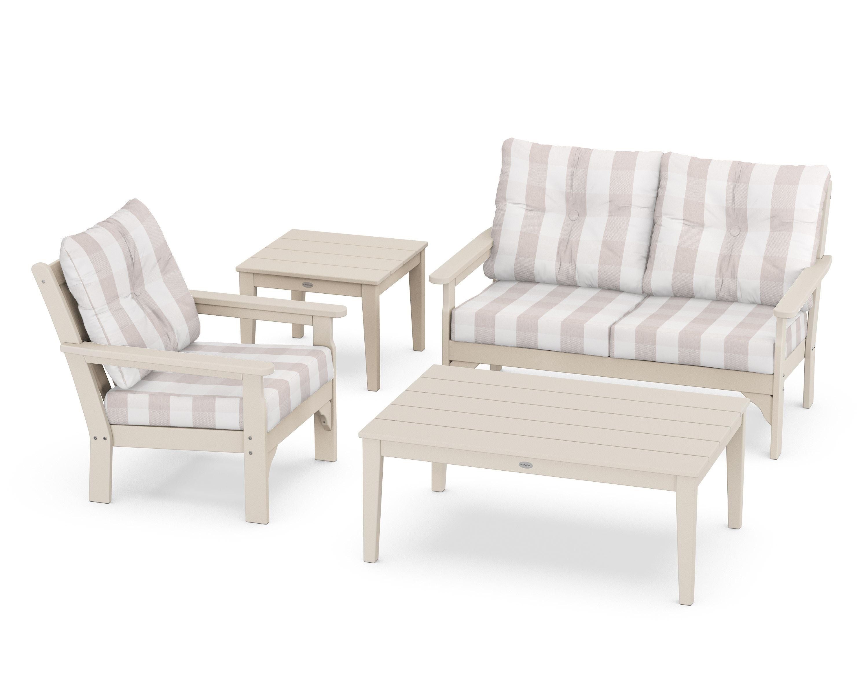 POLYWOOD® Vineyard 4-Piece Deep Seating Set in Sand / Buffalo Plaid Dune Burlap