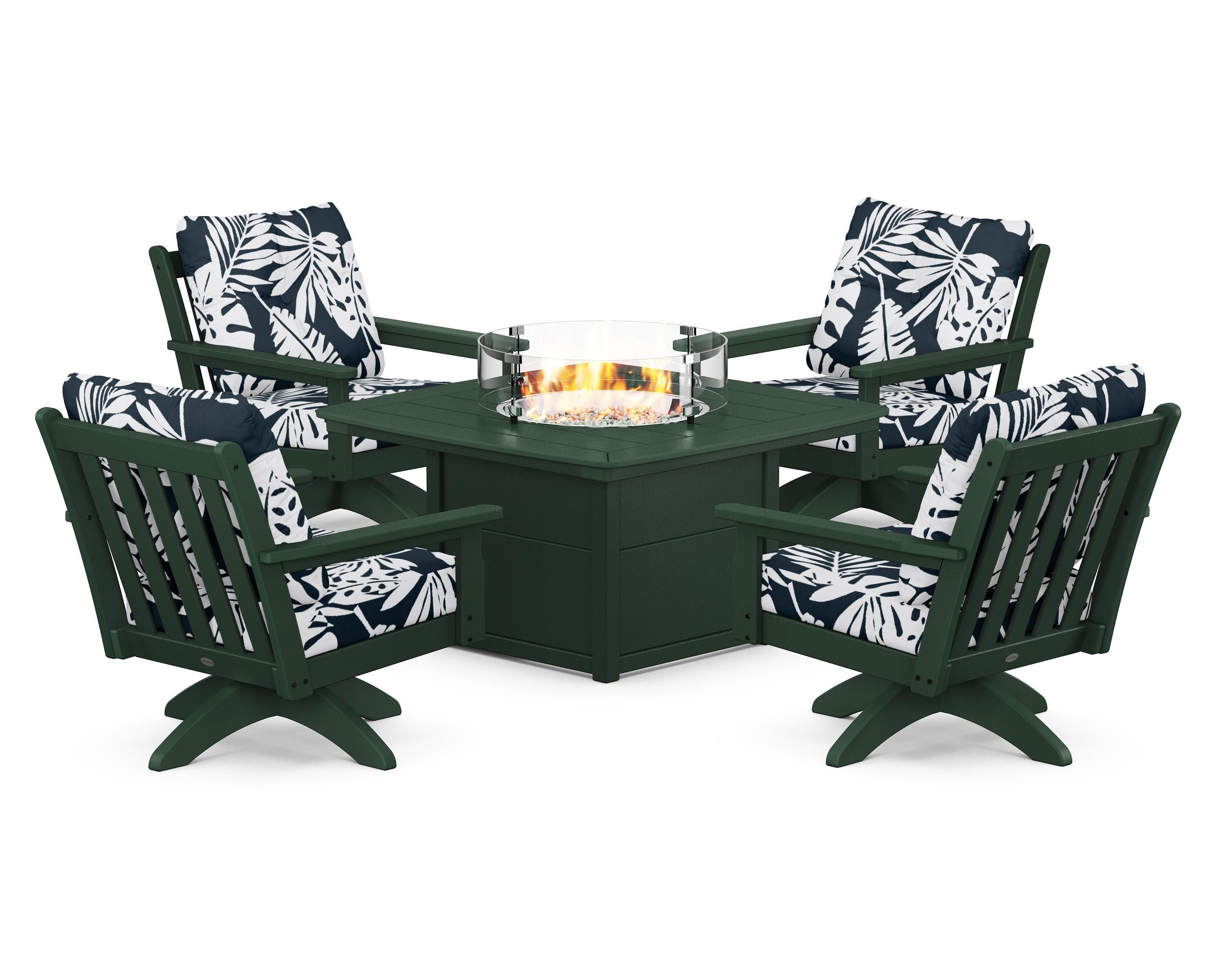 POLYWOOD® Vineyard 5-Piece Deep Seating Swivel Conversation Set with Fire Pit Table in Green / Leaf Marine Indigo