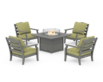 Draper James™ by  POLYWOOD® Savannah 5-Piece Deep Seating Set with Fire Pit Table in Slate Grey / Chartreuse Boucle