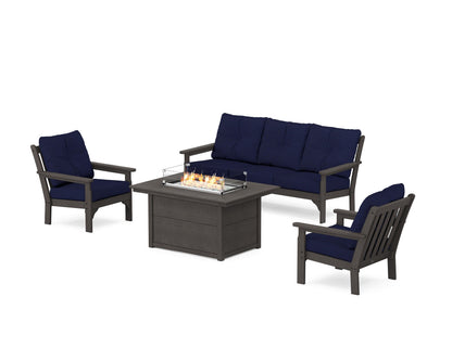 POLYWOOD® Vineyard Deep Seating Fire Pit Table Set in Vintage Coffee / Navy
