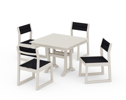 POLYWOOD® EDGE Sling 5-Piece Farmhouse Trestle Side Chair Dining Set in Sand / Black Sling