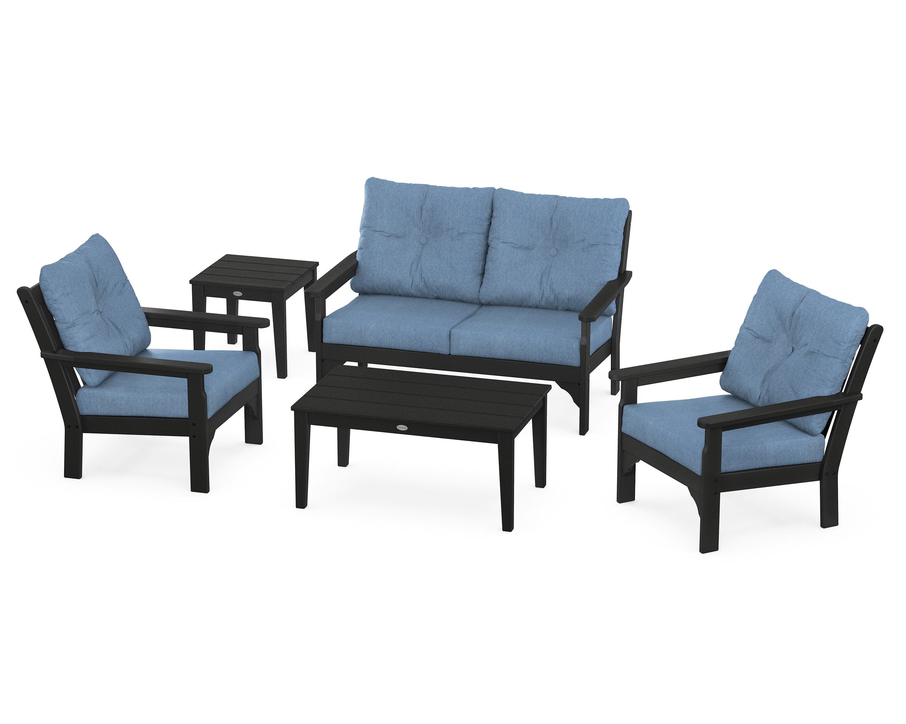 POLYWOOD® Vineyard 5-Piece Deep Seating Set in Black / Sky Blue
