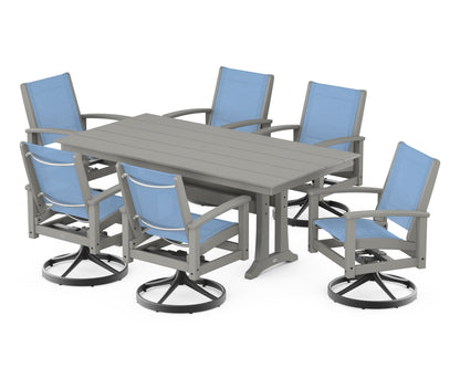 POLYWOOD® 7 Piece Coastal Swivel Rocker Dining Set in Textured Black / Slate Grey / Poolside Sling