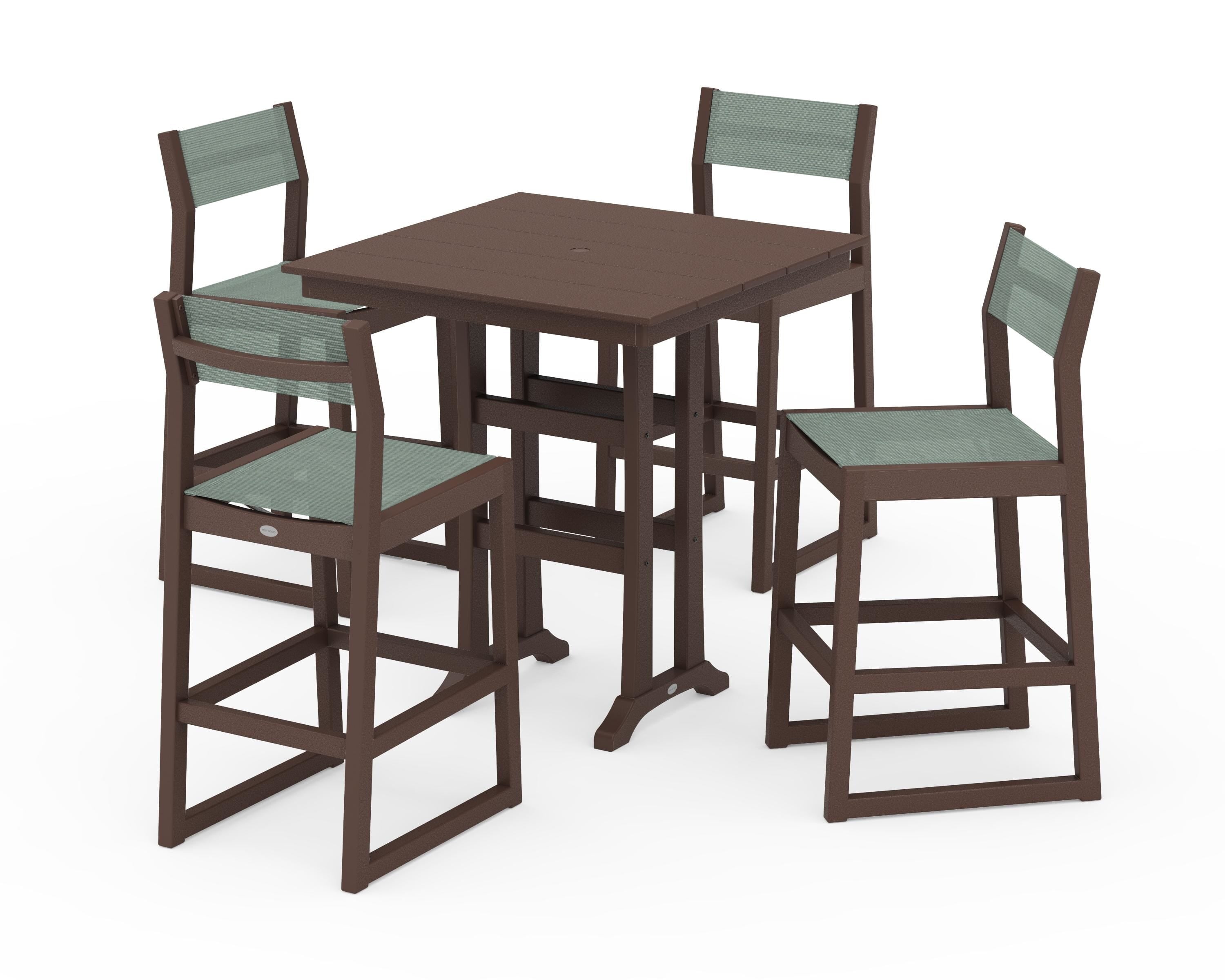 POLYWOOD® EDGE Sling Arm Chair 5-Piece Farmhouse Bar Set with Trestle Legs in Mahogany / Dupioni Sea Mist Sling