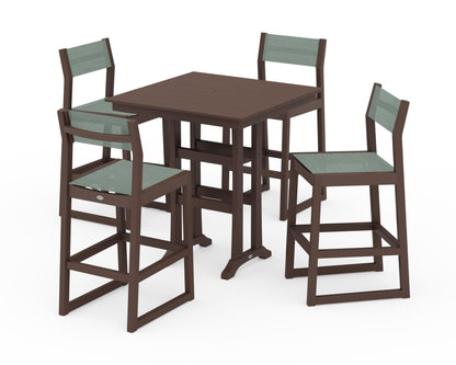 POLYWOOD® EDGE Sling Arm Chair 5-Piece Farmhouse Bar Set with Trestle Legs in Mahogany / Dupioni Sea Mist Sling