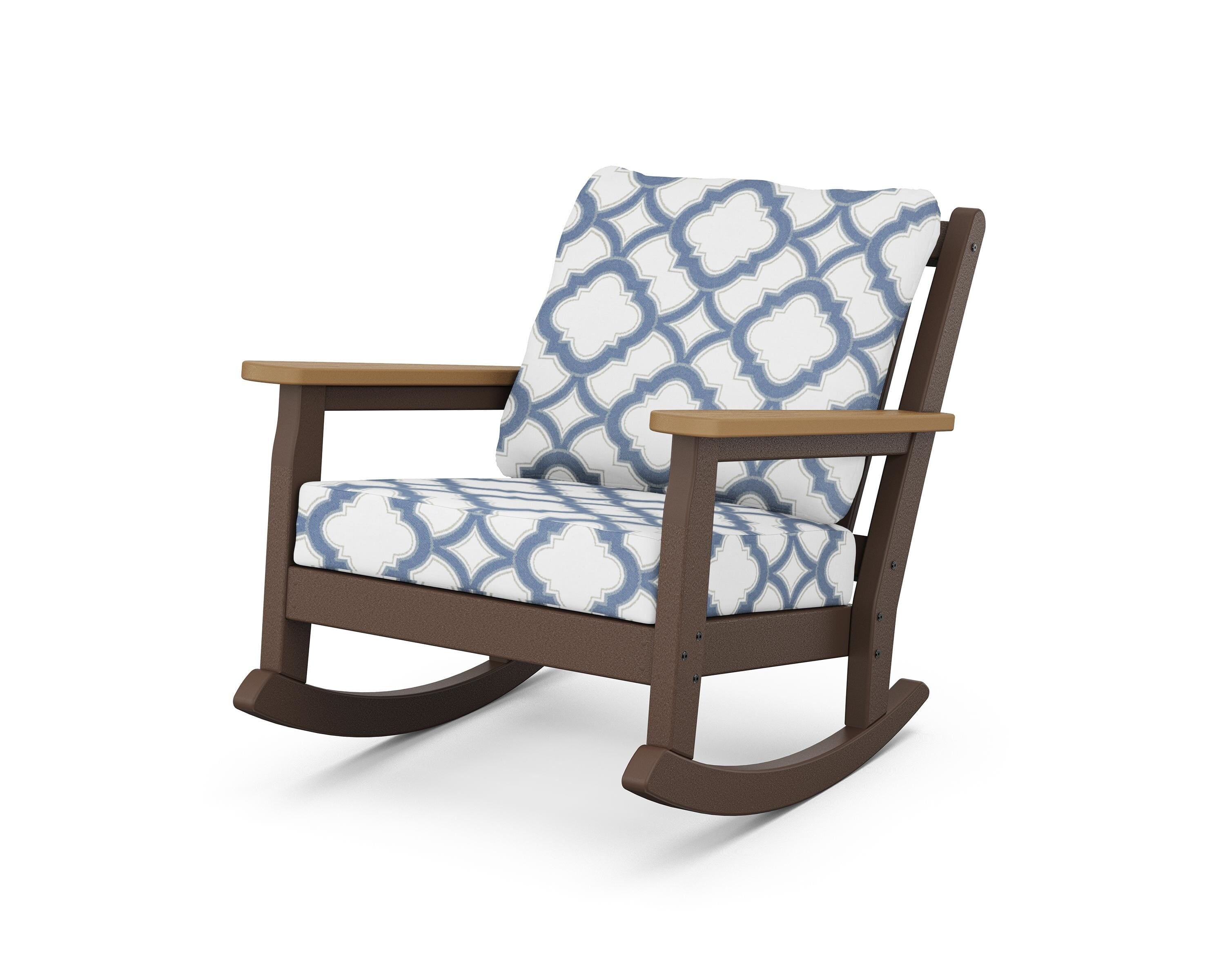 POLYWOOD® Chippendale Deep Seating Rocking Chair in Mahogany / Natural / Trellis Sky Blue