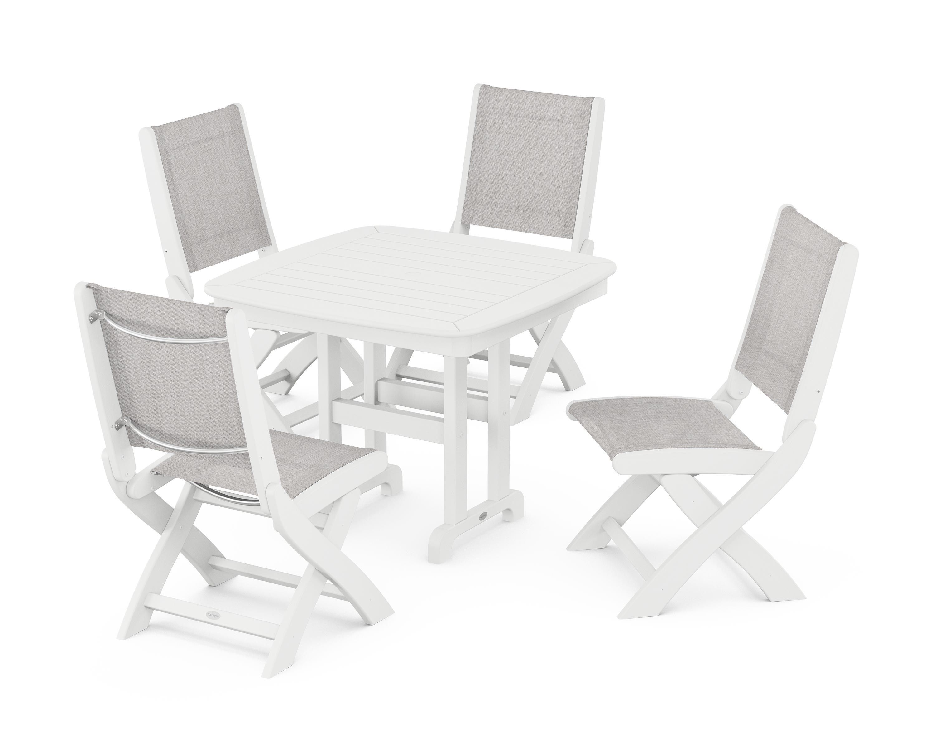 POLYWOOD® Coastal Folding Side Chair 5-Piece Dining Set in White / Parchment Sling