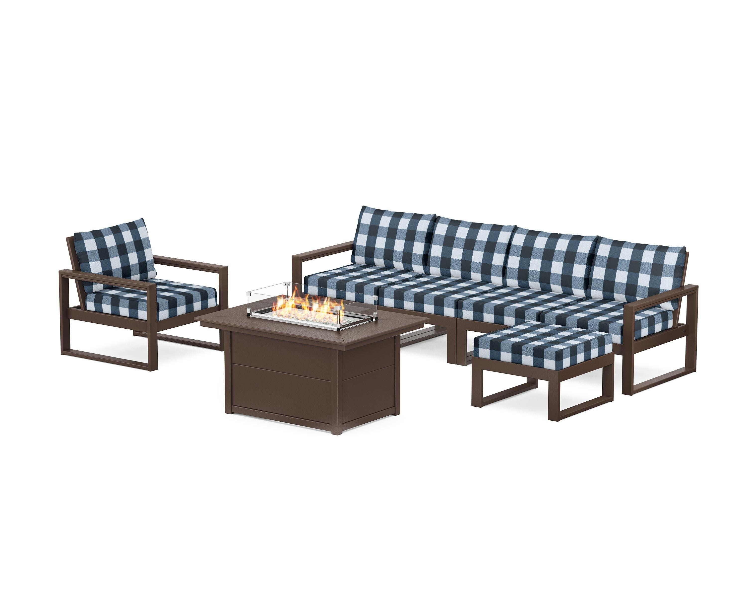 POLYWOOD® EDGE Sectional Lounge and Fire Pit Set in Mahogany / Buffalo Plaid Marine Indigo