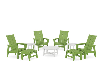 POLYWOOD® Modern Grand Upright Adirondack 9-Piece Conversation Set in Lime / White