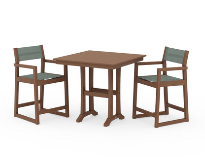 POLYWOOD® EDGE Sling Arm Chair 3-Piece Farmhouse Counter Set with Trestle Legs in Teak / Dupioni Sea Mist Sling