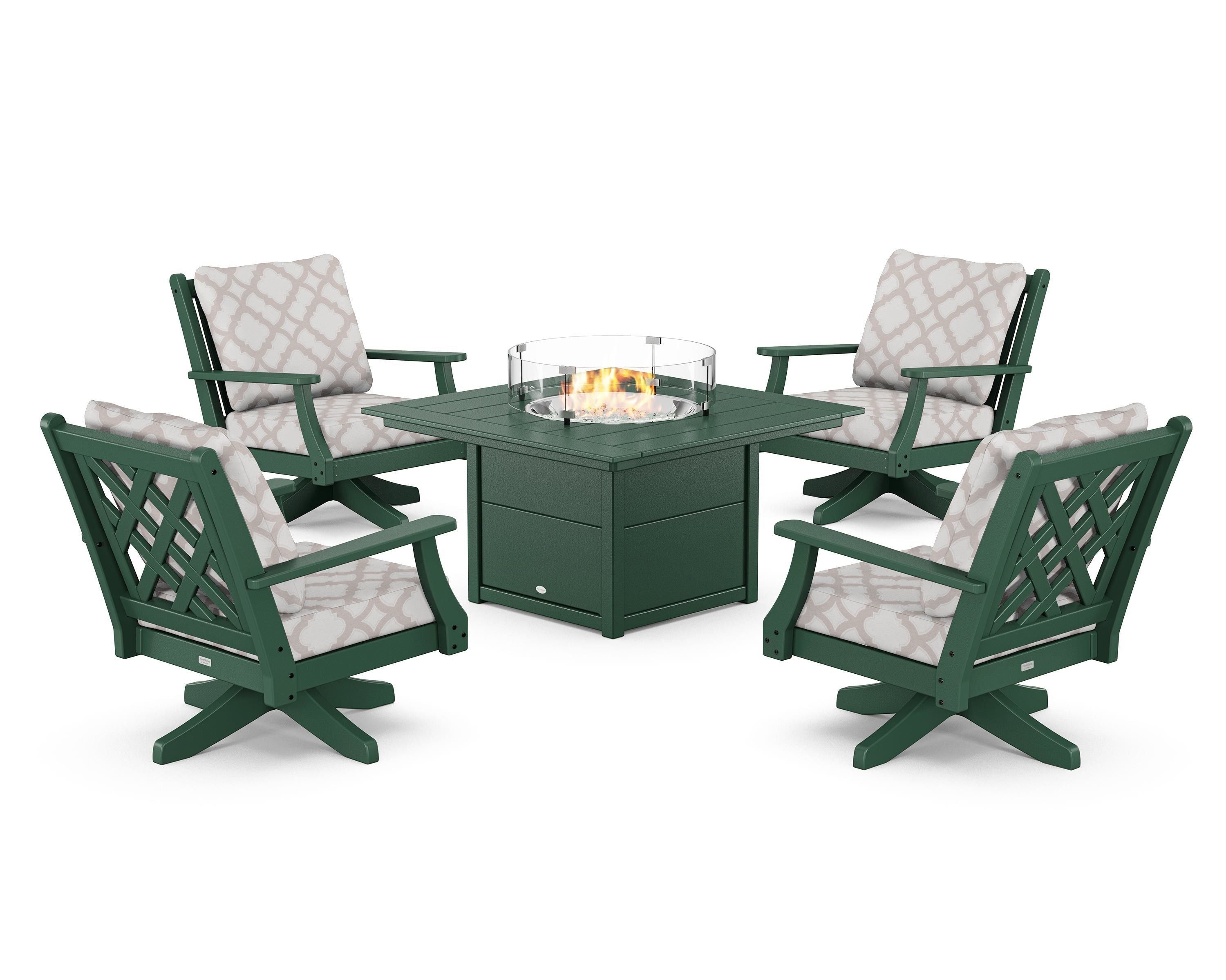 Country Living Wovendale 5-Piece Deep Seating Swivel Conversation Set with Fire Pit Table in Green / Trellis Dune Burlap