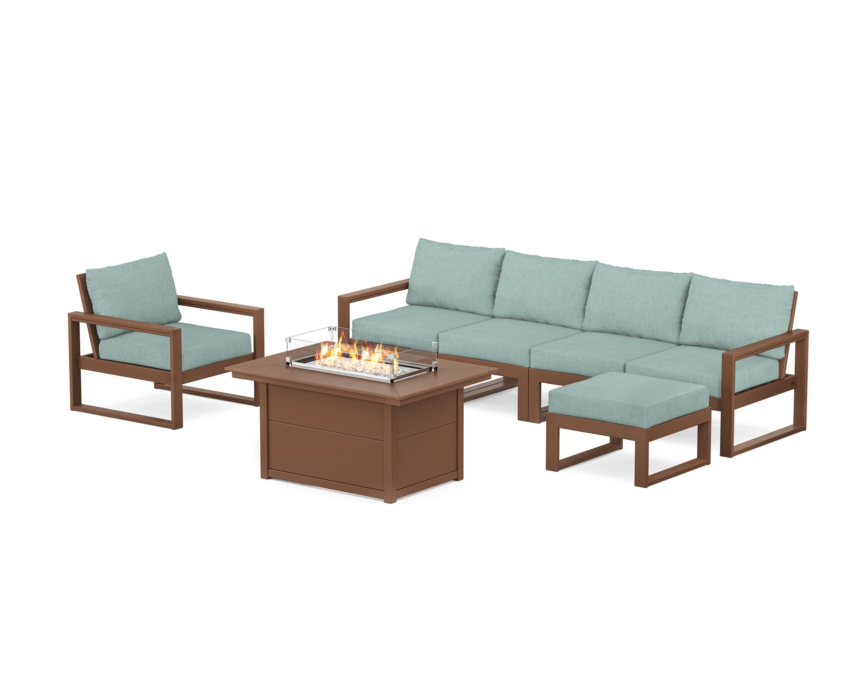 POLYWOOD® EDGE Sectional Lounge and Fire Pit Set in Teak / Glacier Spa