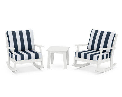 POLYWOOD® Braxton 3-Piece Deep Seating Rocker Set in White / Cabana Stripe Marine Indigo