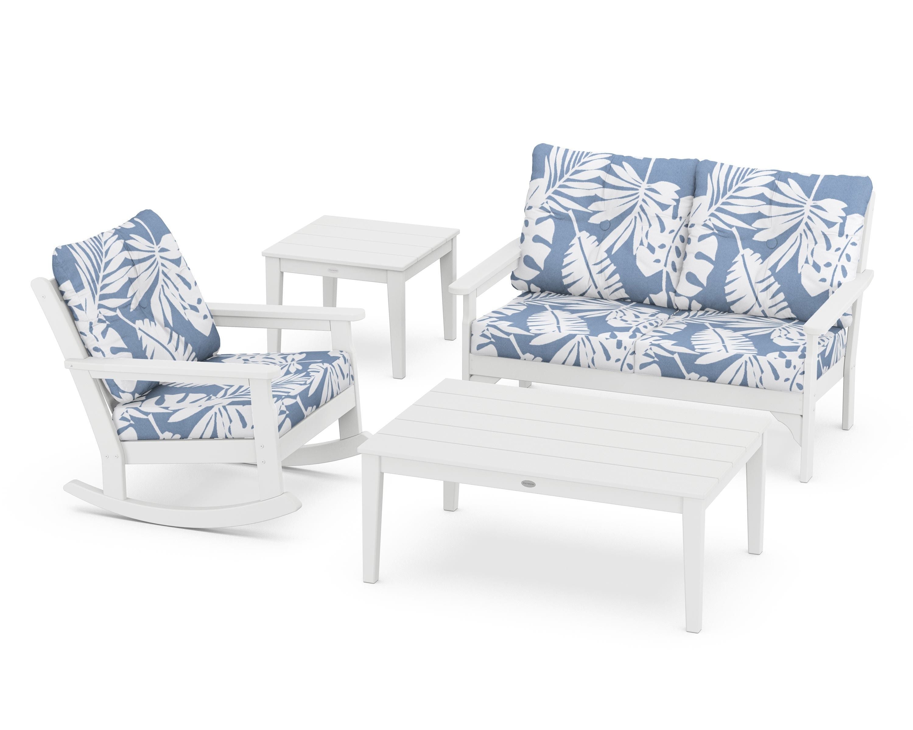 POLYWOOD® Vineyard 4-Piece Deep Seating Rocker Set in White / Leaf Sky Blue