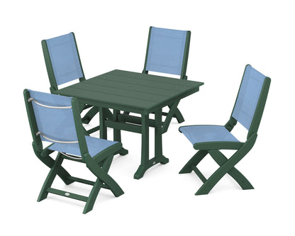 POLYWOOD® Coastal Folding Side Chair 5-Piece Farmhouse Dining Set With Trestle Legs in Green / Poolside Sling