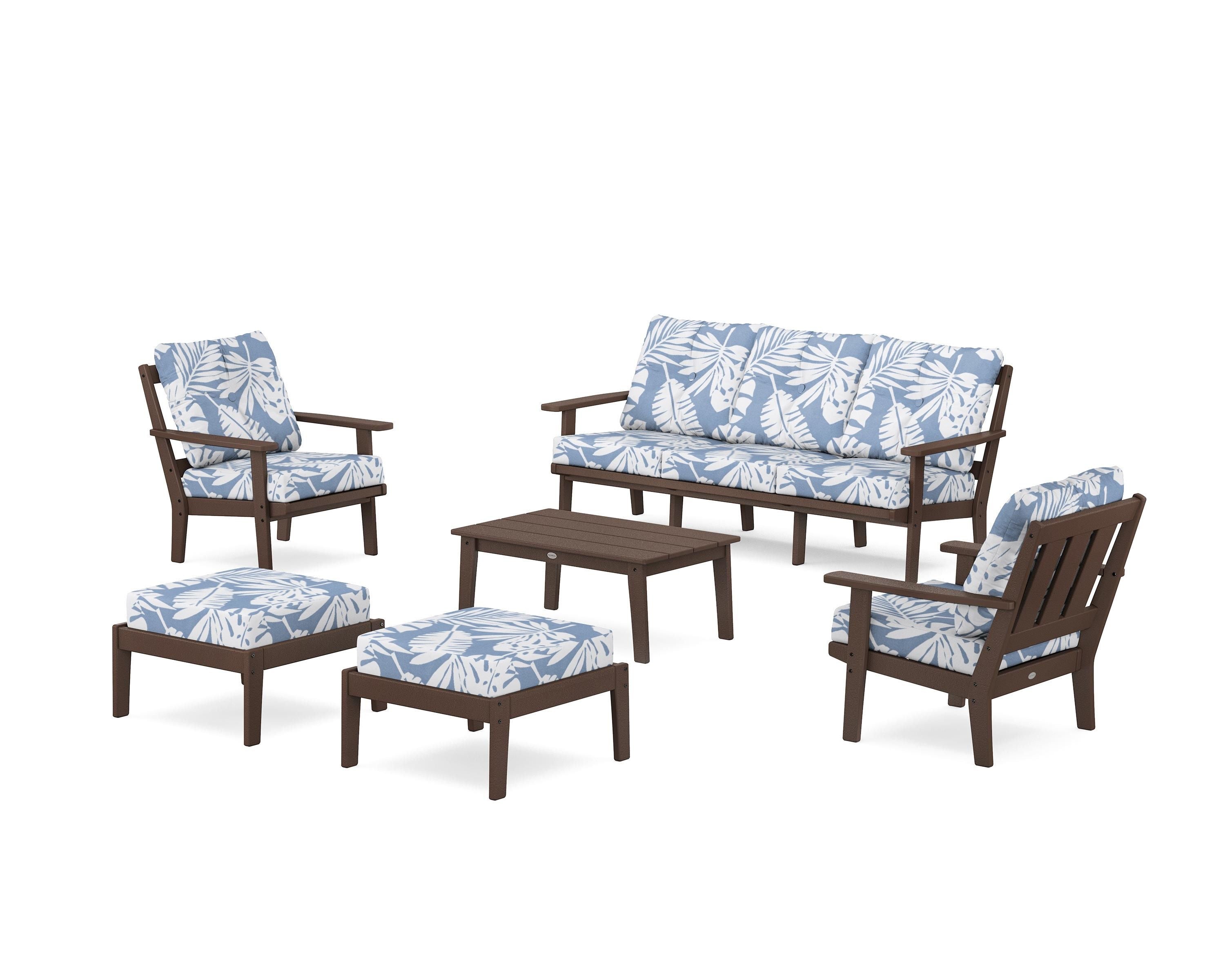POLYWOOD® Oxford 6-Piece Lounge Sofa Set in Mahogany / Leaf Sky Blue