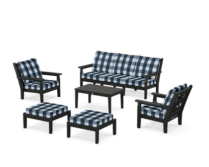 POLYWOOD® Chippendale 6-Piece Lounge Sofa Set in Black / Buffalo Plaid Marine Indigo