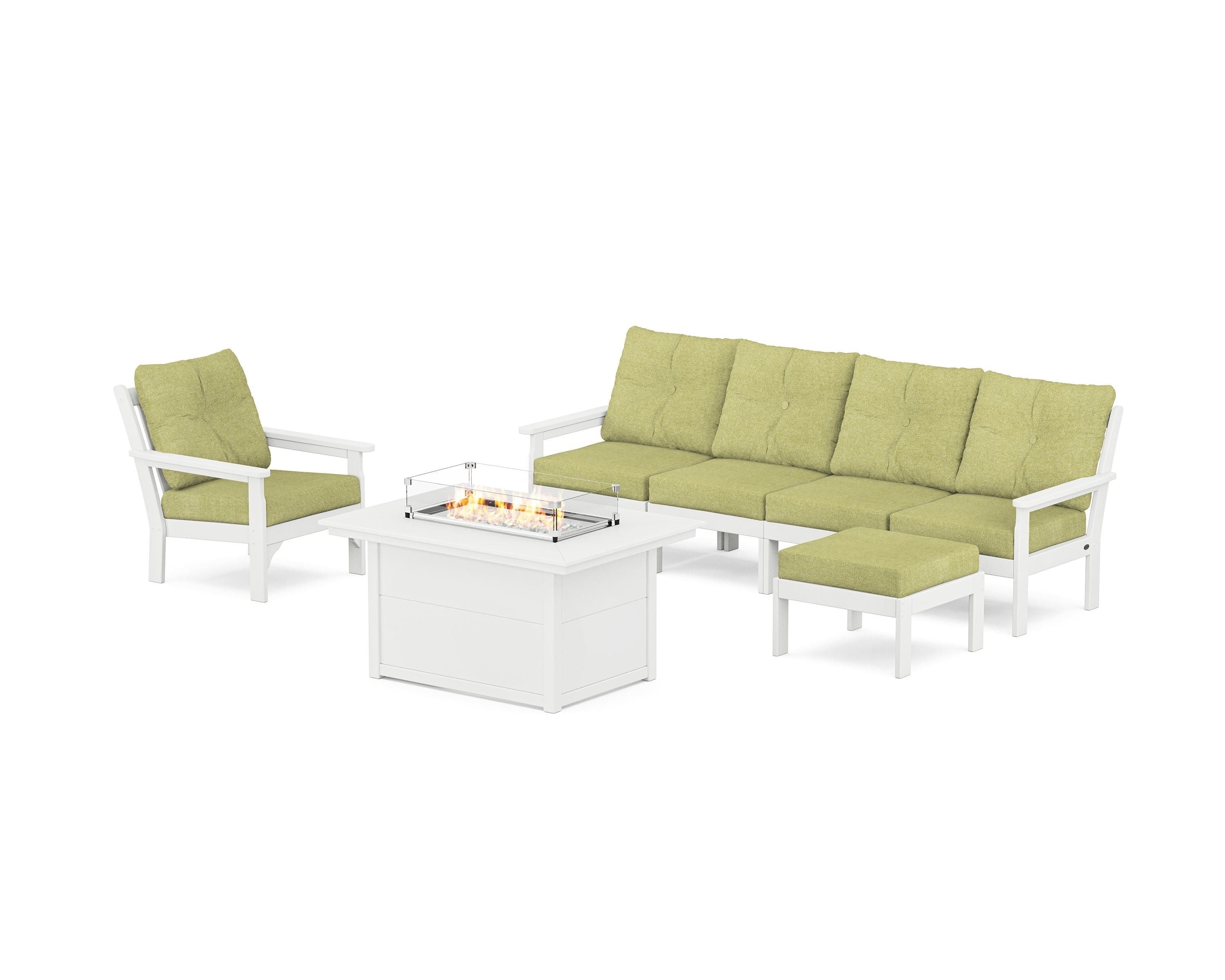 POLYWOOD® Vineyard Sectional Lounge and Fire Pit Set in White / Chartreuse Boucle