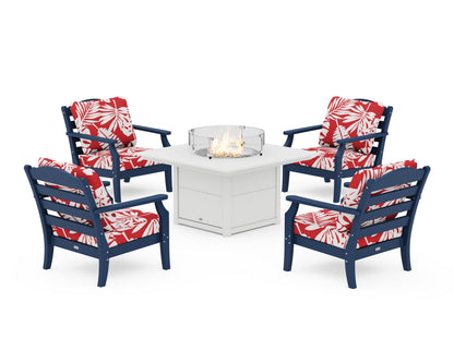 Draper James™ by  POLYWOOD® Savannah 5-Piece Deep Seating Set with Fire Pit Table in Navy / Leaf Crimson