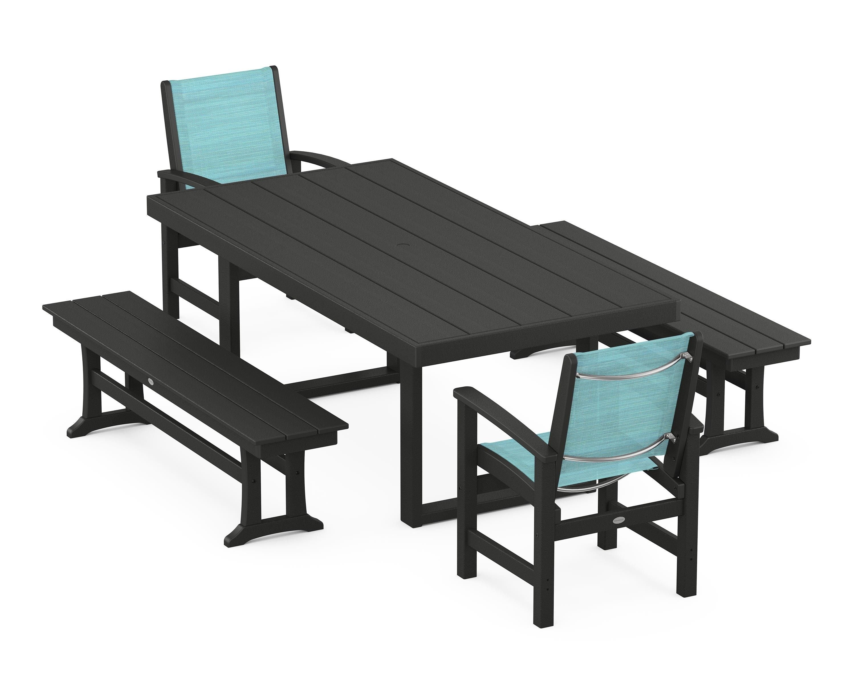 POLYWOOD® Coastal 5-Piece Dining Set with Trestle Legs in Black / Dupioni Aquamarine Sling
