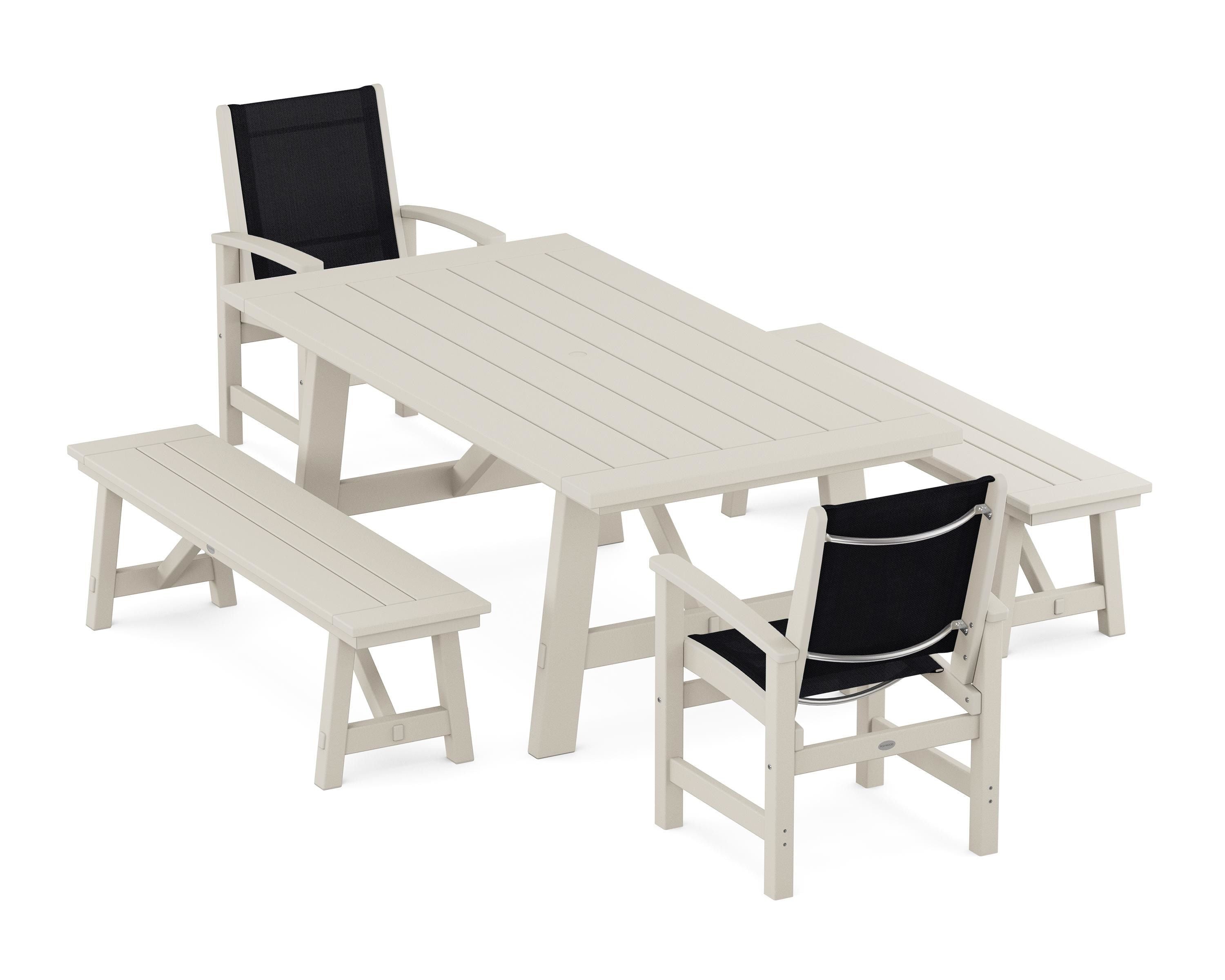 POLYWOOD® Coastal 5-Piece Rustic Farmhouse Dining Set With Benches in Sand / Black Sling