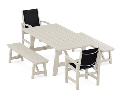 POLYWOOD® Coastal 5-Piece Rustic Farmhouse Dining Set With Benches in Sand / Black Sling