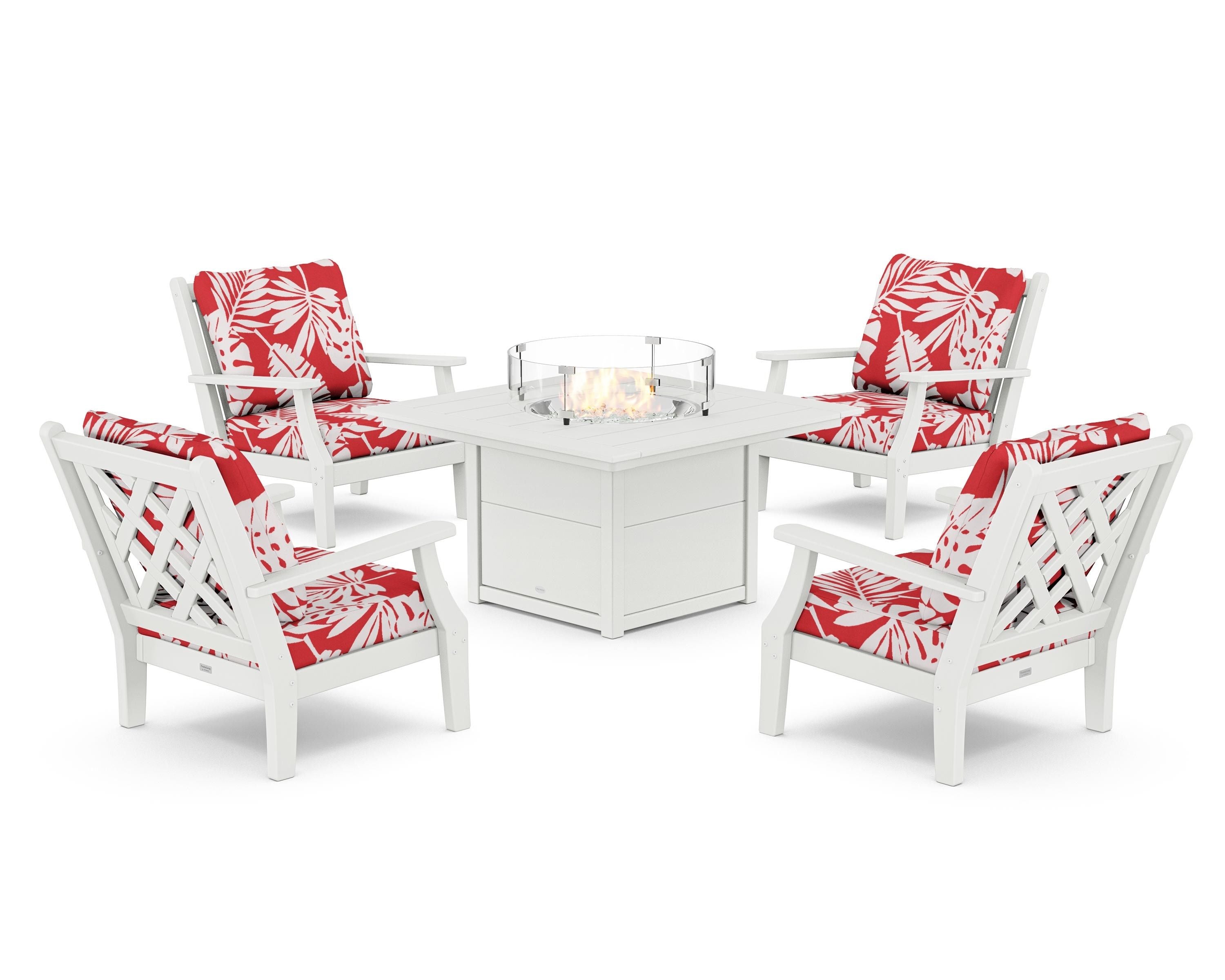 Country Living Wovendale 5-Piece Deep Seating Set with Fire Pit Table in White / Leaf Crimson