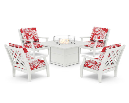 Country Living Wovendale 5-Piece Deep Seating Set with Fire Pit Table in White / Leaf Crimson