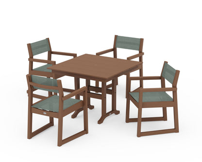 POLYWOOD® EDGE Sling Arm Chair 5-Piece Farmhouse Dining Set in Teak / Dupioni Sea Mist Sling
