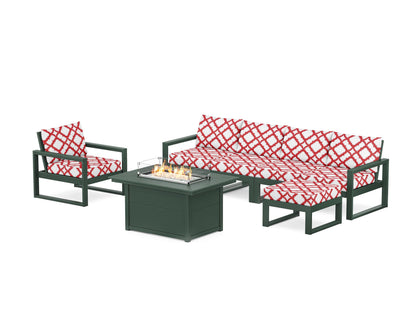 POLYWOOD® EDGE Sectional Lounge and Fire Pit Set in Green / Trellis Crimson