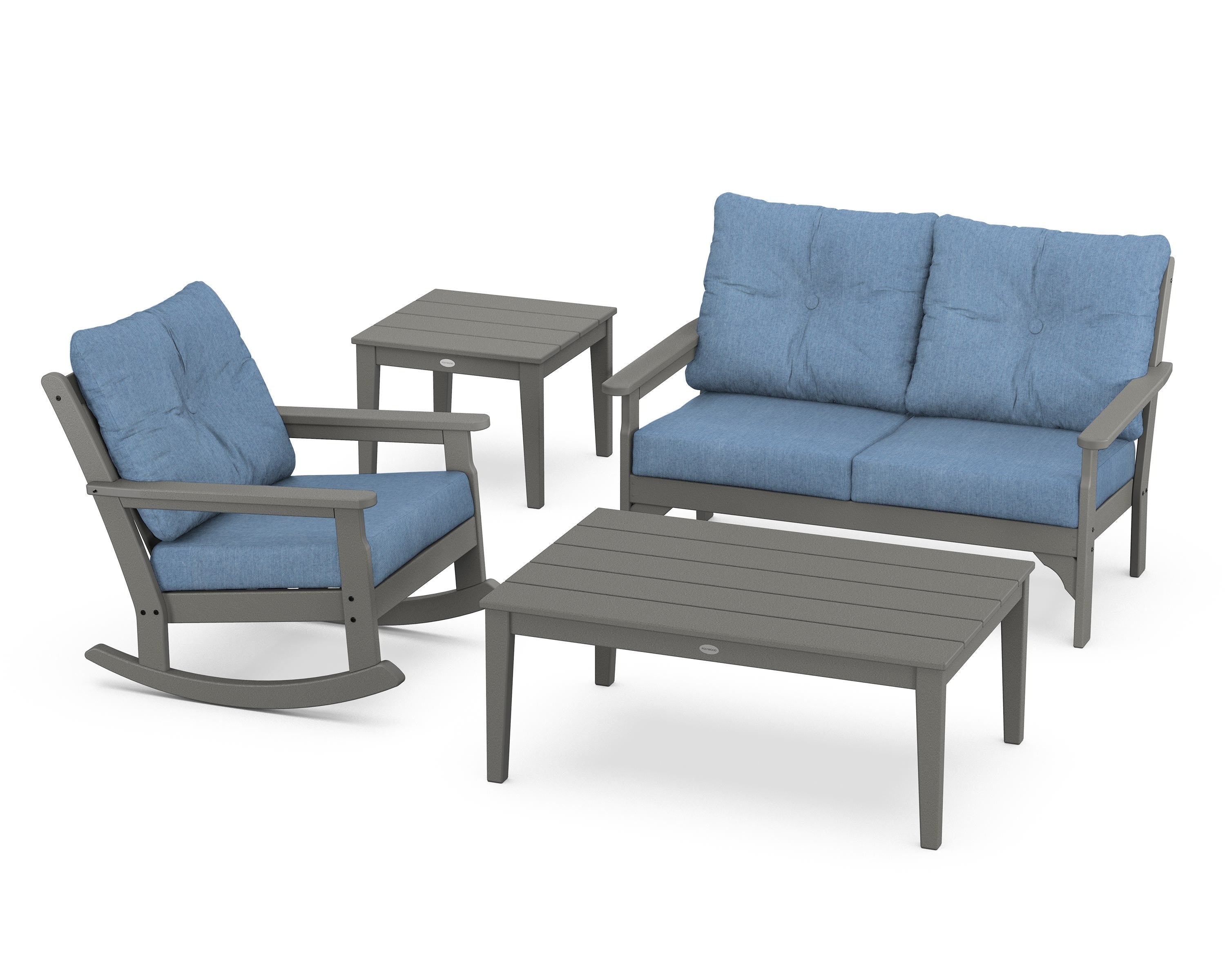 POLYWOOD® Vineyard 4-Piece Deep Seating Rocker Set in Slate Grey / Sky Blue