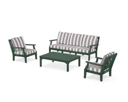 Martha Stewart by POLYWOOD® Chinoiserie 4-Piece Deep Seating Set with Sofa in Green / Cabana Stripe Grey Mist