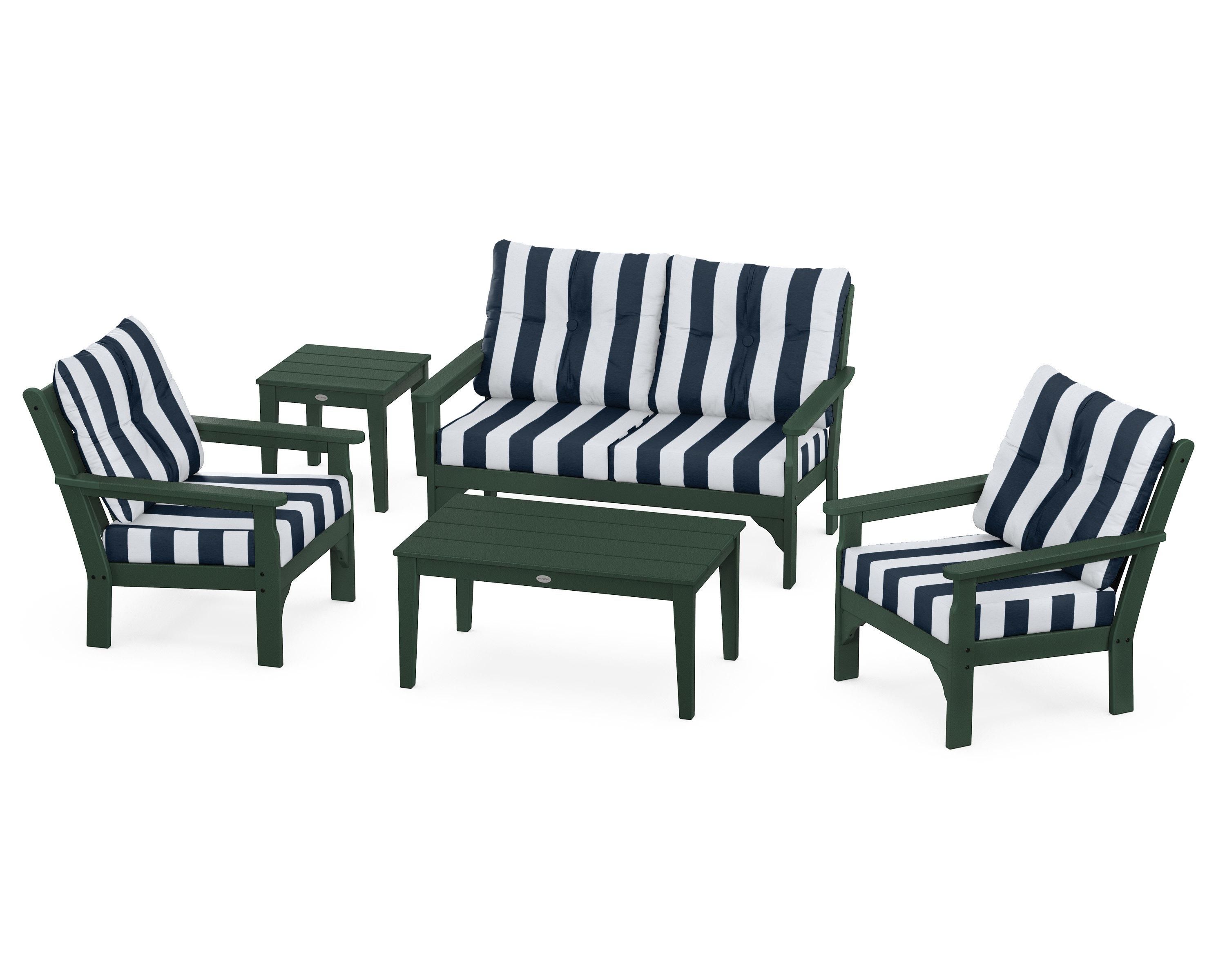 POLYWOOD® Vineyard 5-Piece Deep Seating Set in Green / Cabana Stripe Marine Indigo
