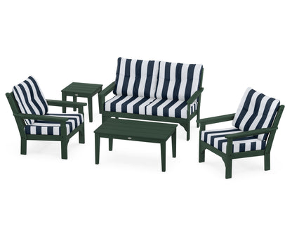 POLYWOOD® Vineyard 5-Piece Deep Seating Set in Green / Cabana Stripe Marine Indigo